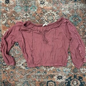 Lush S Dusty Rose Off-Shoulder cropped long sleeve ruffle Blouse